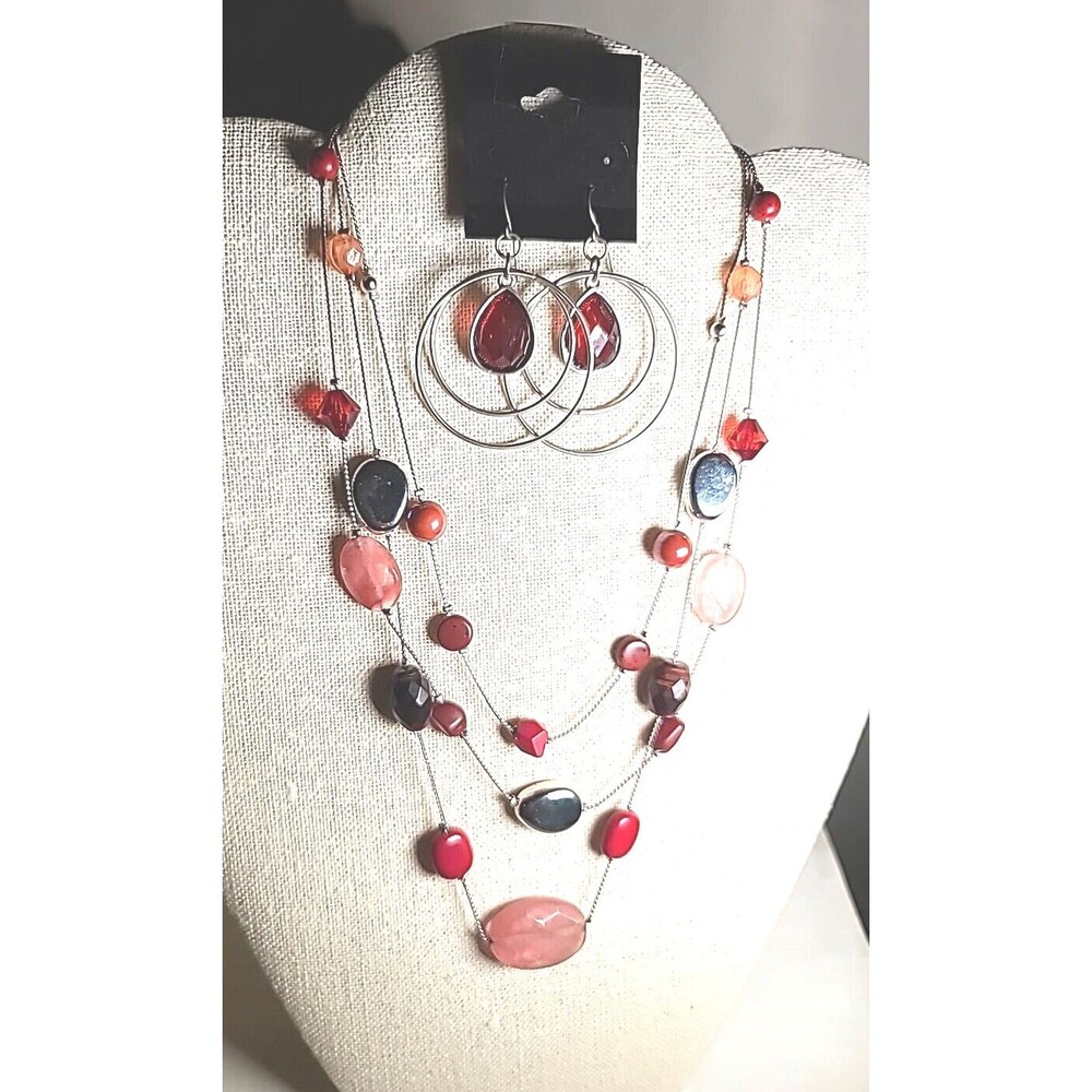 Vintage Silver Pink & Red Beaded Silvertone Necklace & Earrings Jewelry Set